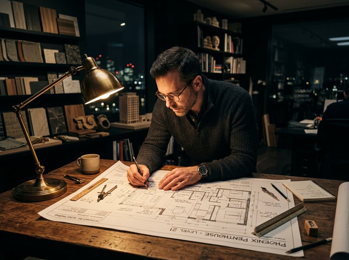 Male architect designing interior space through large blueprint paper plans